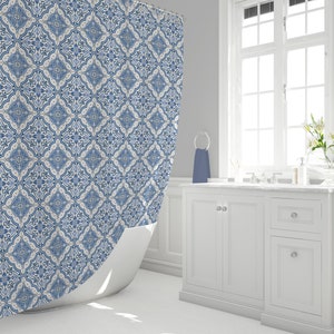 Blue, White, Grey Shower Curtains, Tile Print, Art 9Shower Curtain, Modern Farmhouse, Beach Cottage, Bathroom Ideas