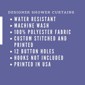 May include: A purple background with white text detailing features of designer shower curtains, such as being water-resistant, machine washable, and made from 100% polyester fabric. The image includes a logo with the text "C BELLE NYC".