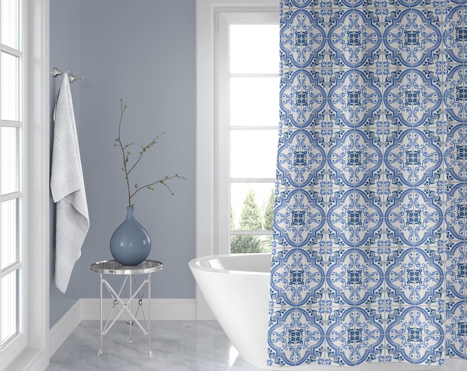 Indigo Boho Shower Curtains, Blue Dots, Modern Farmhouse Decor, Cottage