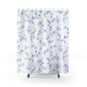 French Watercolor Shower Curtains, French Country Blue and White, Shabby Chic, Modern Farmhouse, Flower Curtain, Waterproof and Machine Wash