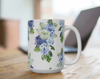 Hydrangeas Mug 15oz, Blue and White Floral , Botanical Garden Collection, Modern Farmhouse, Shabby Chic Decor, Home and Living