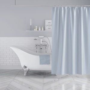 Designer Blue Stripe Modern Farmhouse Shower Curtain, Machine Washable, Easy Care Fabric Discountinued Pattern