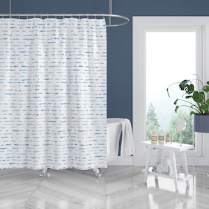 Blue and White Shower Curtains, Boho Watercolor Abstract Printed Shower Curtain, Water Resistant Fabric Shower Curtain, Machine Washable