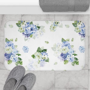 Blue and White Bath Mat, Hydrangea Artwork, Microfiber Bath Rug, Anti- Slip backing, Available 2 Sizes