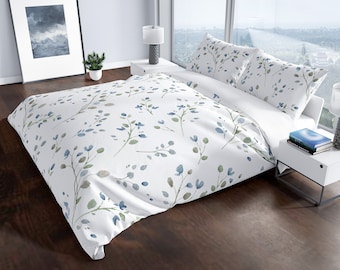 Cotton Sateen Duvet Covers in Farmhouse Blue Floral Reversible to White. King, Full/ Queen, Twin