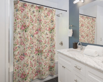 French Farmhouse Shower Curtains, Shabby Chic Cottage Floral, Cabbage Rose Botanical, Bath Curtain, Shower Curtain Water Resistant