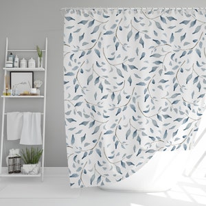 Shower Curtains Blue, White, Sage, Modern Farmhouse, Watercolor Print, Water Resistant Fabric Shower Curtain, Machine Washable 72" H x 74" W