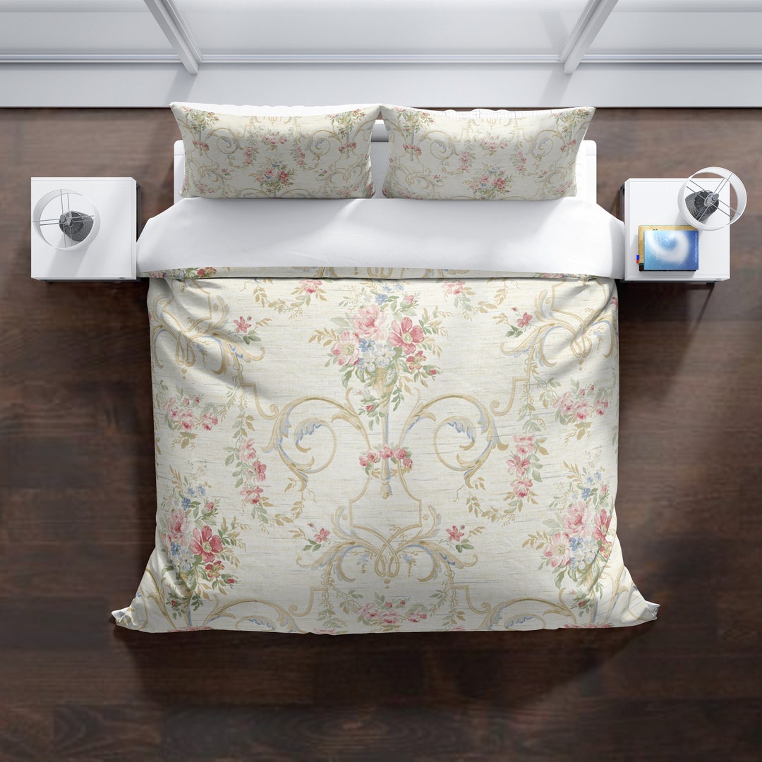 French Country Duvet Covertan, Gold , Pink and Blue Flowers Louis Iv