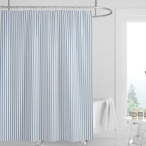 Light Blue and White Stripe Modern Farmhouse, French Country Beach Cottage Style Premium Fabric  Shower Curtains Blue Print.