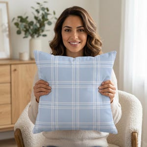 May include: A square throw pillow featuring a light blue background with a white grid pattern consisting of thin, intersecting horizontal and vertical lines. The pillow has a smooth, uniform fabric texture and a clean, simple design.