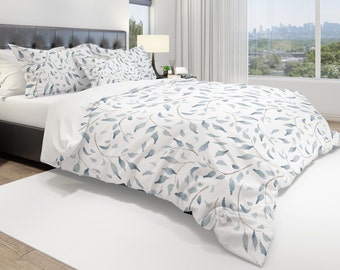 French Country Blue and Tan Flowers Print Duvet Cover| King, Queen, Double, Twin Sizes | Reversible to White | Zipper