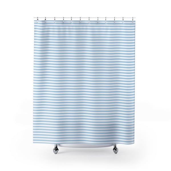 Shower Curtains Striped Baby Blue and White Fabric Shower Curtain, Waterproof, Machine Washable, Coastal Home Decor