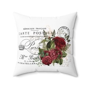 French Postcard Square Pillow, 4 Sizes, Sofa, Modern Farmhouse, Cottage, Shabby Chic Home Decor Ideas, Cushion and Removable Cover