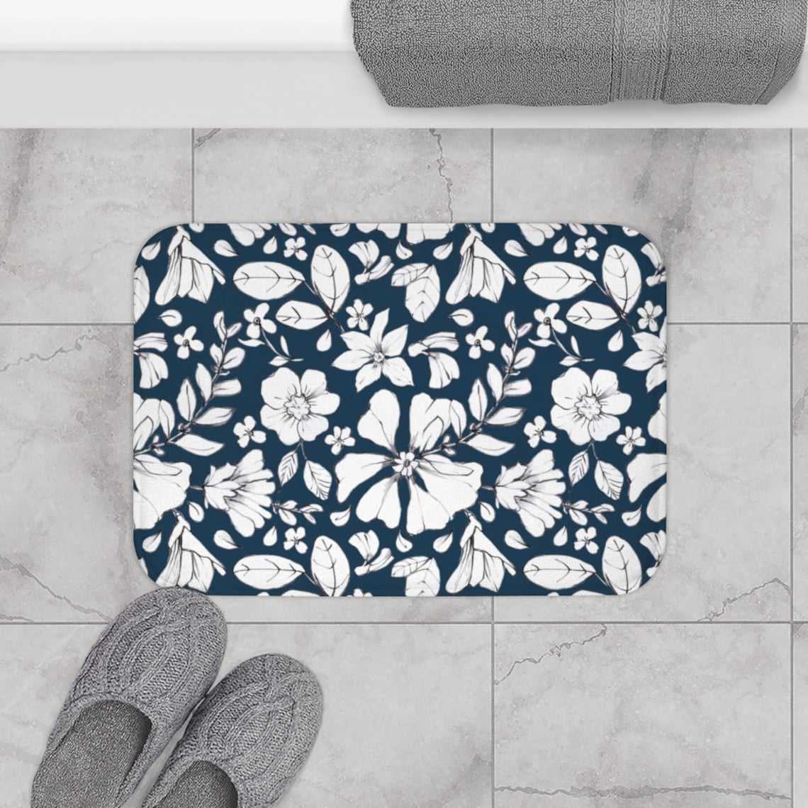 Farmhouse Blue and White Floral Bath Mat Antislip Bath Rug Etsy