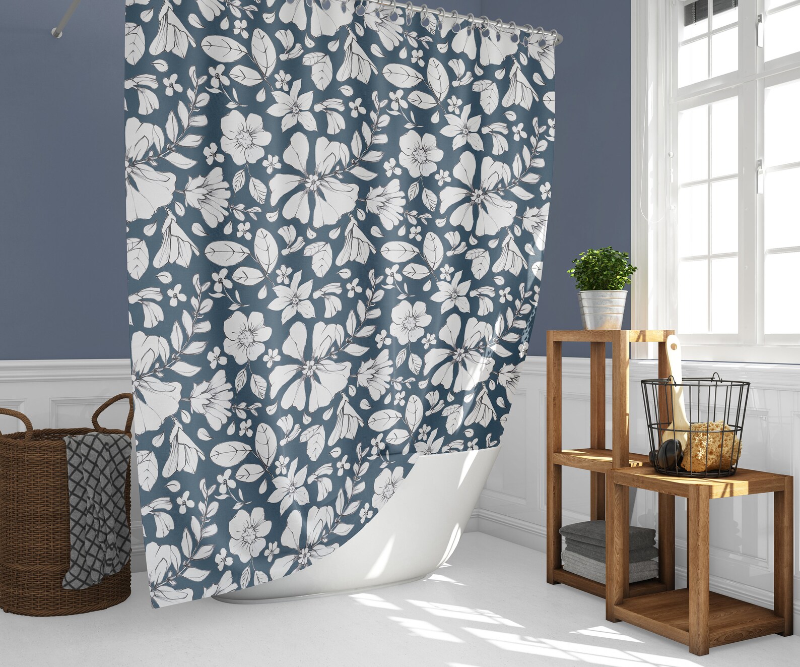 Farmhouse Shower Curtains Navy Blue and White Floral Water Etsy