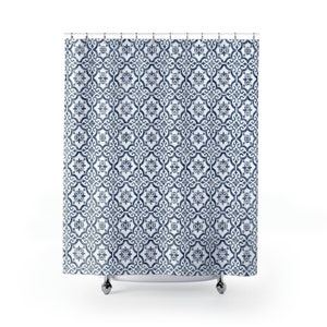 Shower Curtains, Blue and White Tile, French Artist Shower Print, Modern Farmhouse Tile Bathroom Ideas
