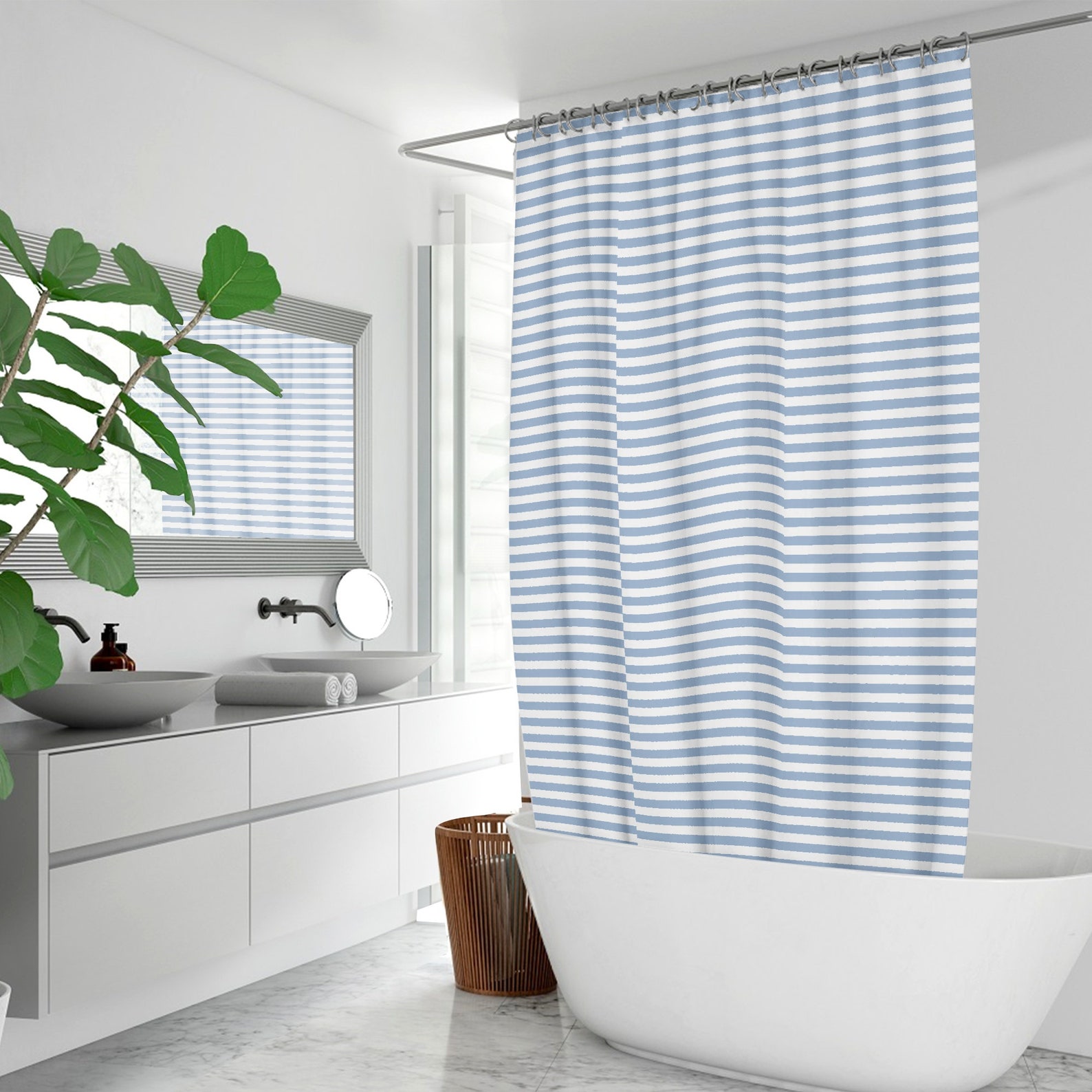 Shower Curtains Blue and White Stripe Horizontal Modern Etsy