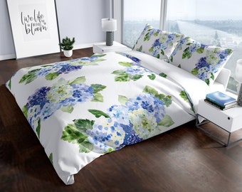 French Country Duvet Covers, Blue and White Duvet Cover Farmhouse Hydrangeas, Duvets King, Queen, Double or Twin, Bedroom Ideas