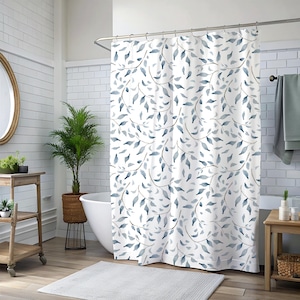 Blue Leaf Watercolor Shower Curtain, Modern Farmhouse Style