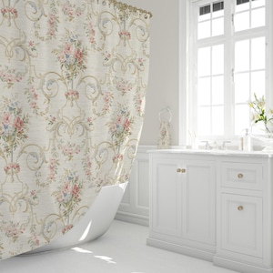 Duschvorhang im französischen Landhausstil mit Blumenmuster, Badezimmerdeko im Shabby-Chic-Stil