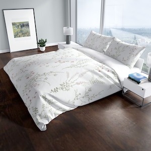 French Watercolor Floral Duvet Cover,  Soft White Duvet Cover Queen| King | Double |Twin, 100% Cotton Sateen 650 Thread Count, Hidden Zipper