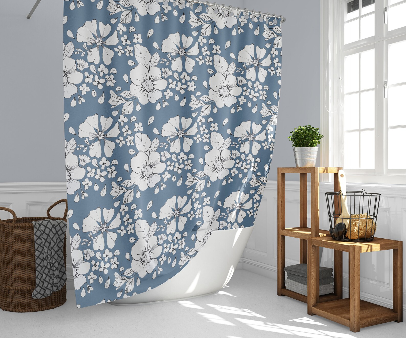 Farmhouse Designer Shower Curtains Indigo Blue Floral Print Etsy