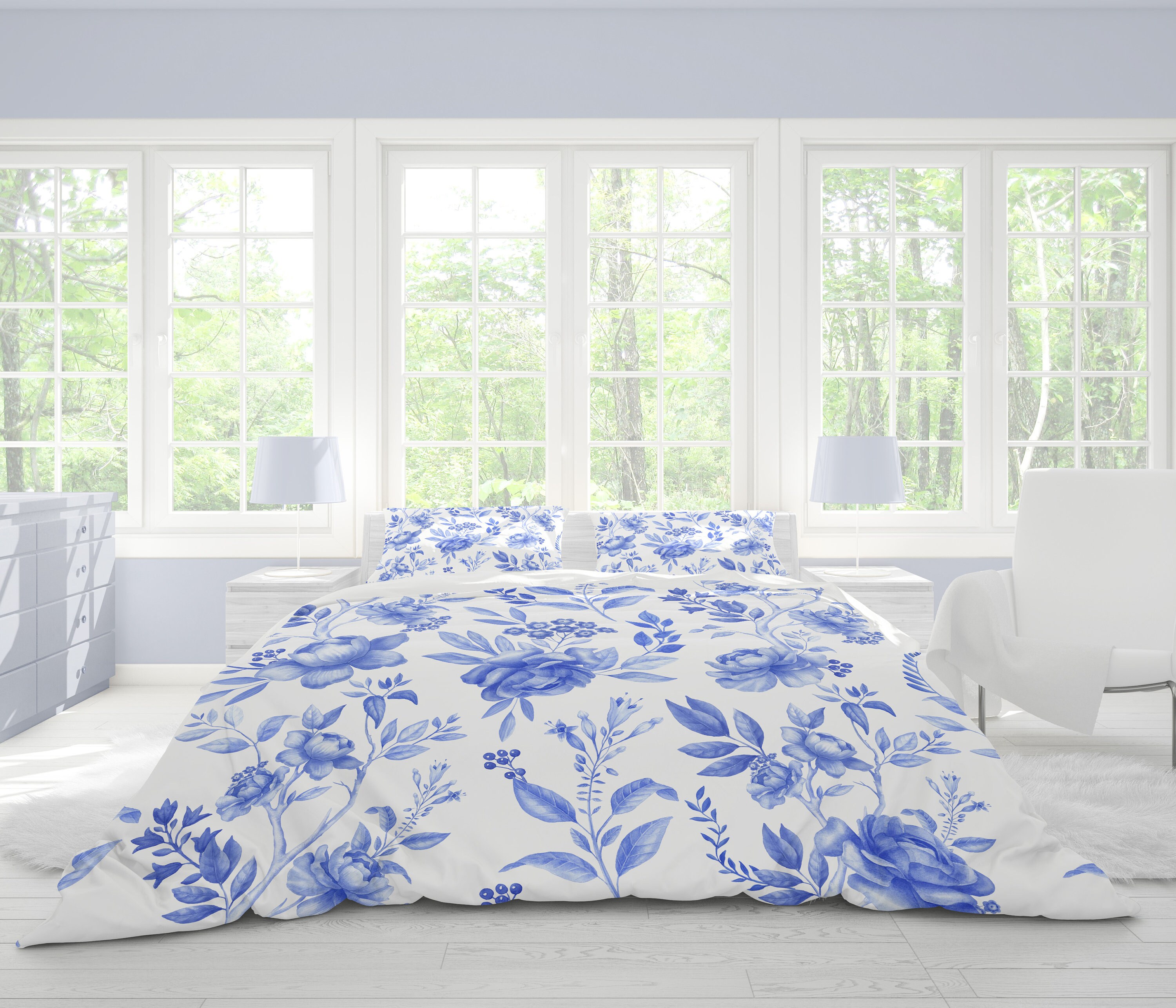 100 Cotton Duvet Cover Blue and White Floral Duvet Cover Etsy