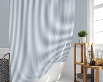 Light Blue and White Stripe Modern Farmhouse, French Country Beach Cottage Style Premium Fabric  Shower Curtains Blue Print.