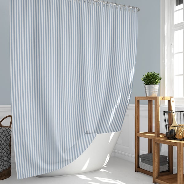 Light Blue and White Stripe Modern Farmhouse, French Country Beach Cottage Style Premium Fabric  Shower Curtains Blue Print.