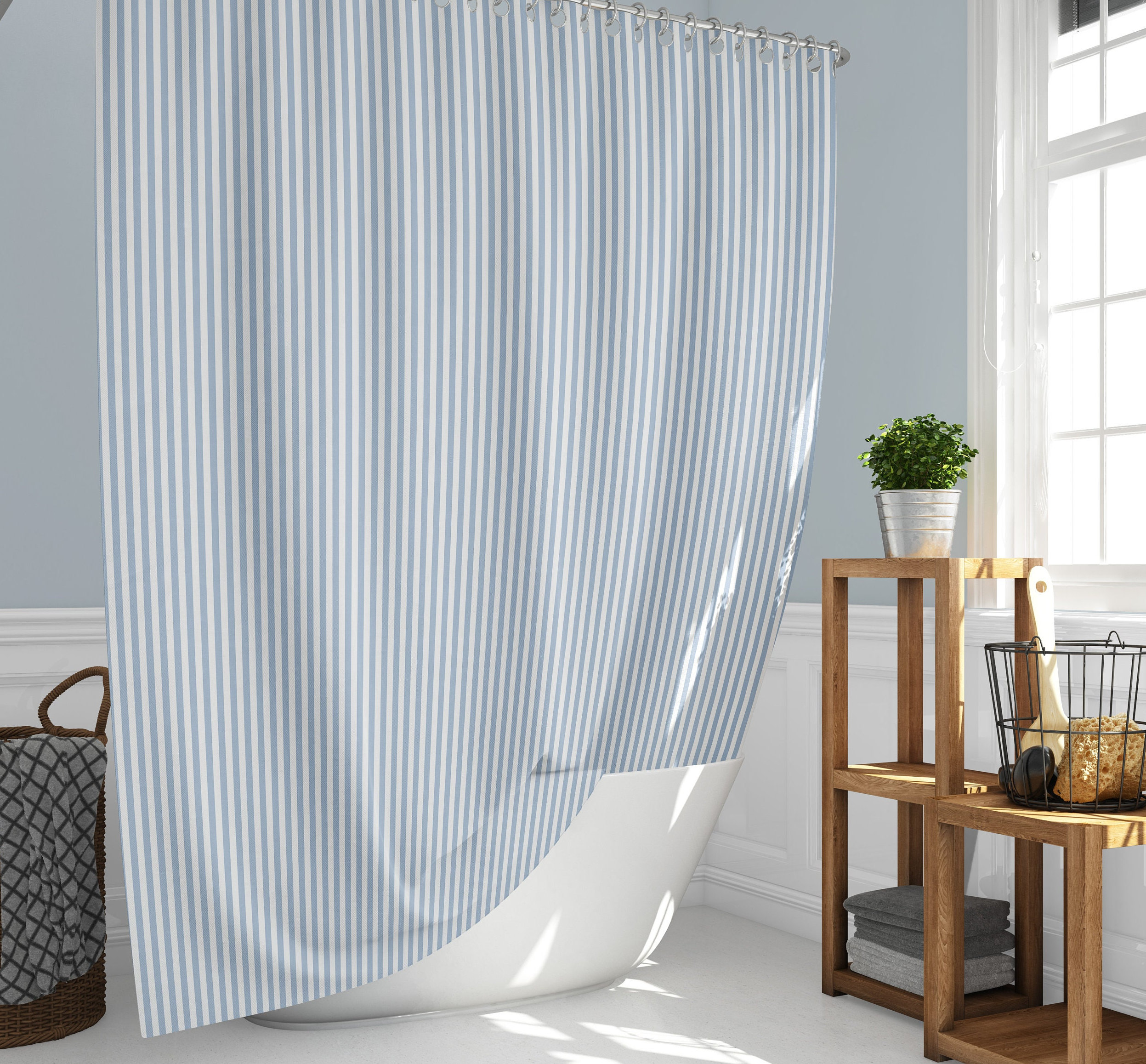 Blue and white striped shower curtain deals