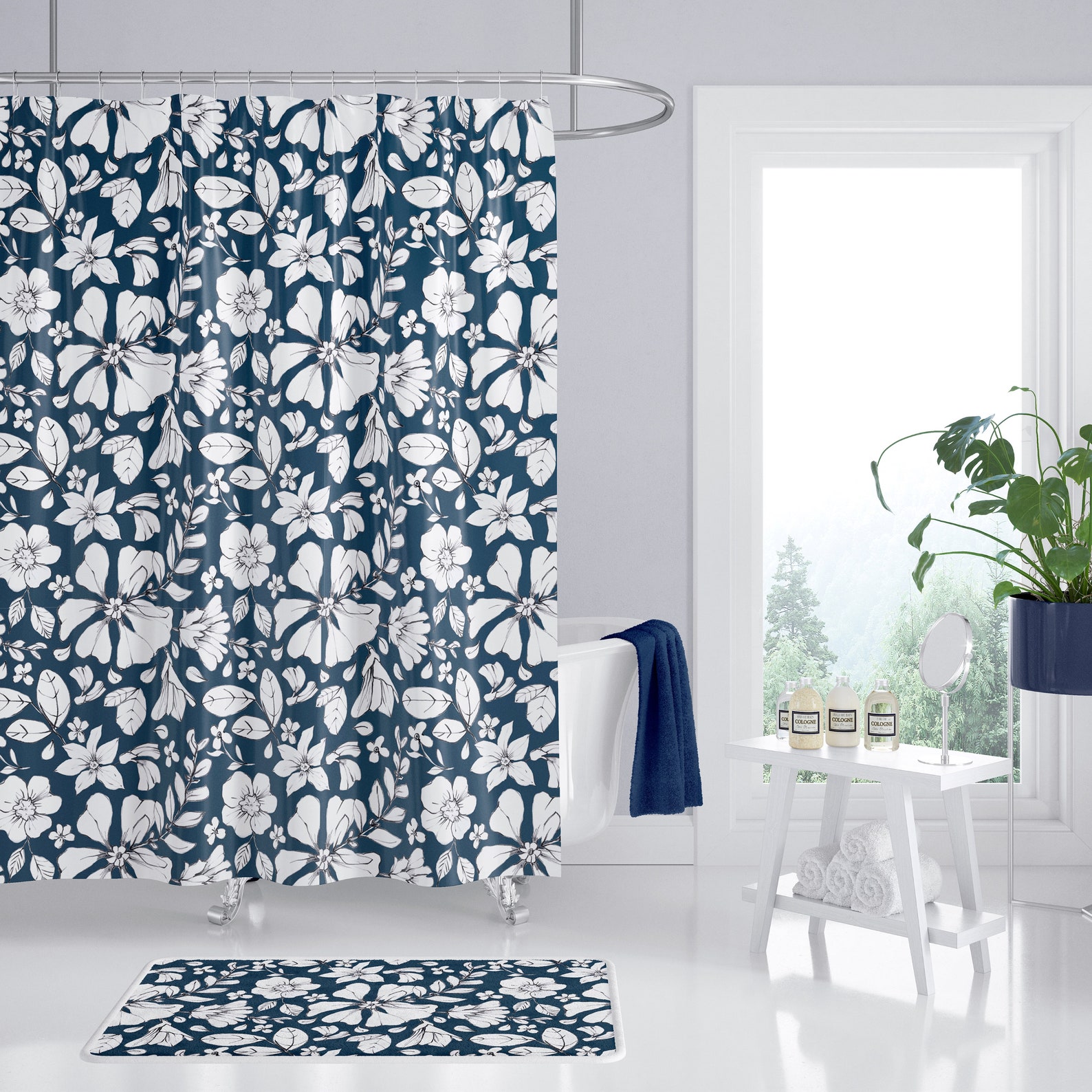 Farmhouse Shower Curtains Navy Blue and White Floral Water Etsy