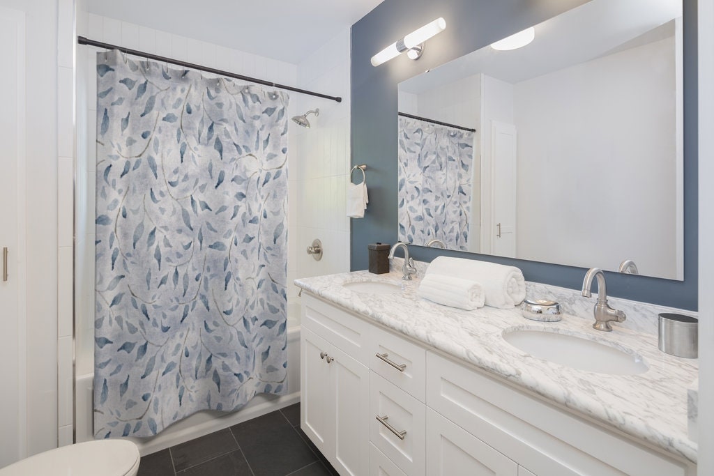 Blue and Grey Shower Curtain Botanical Print modern Etsy