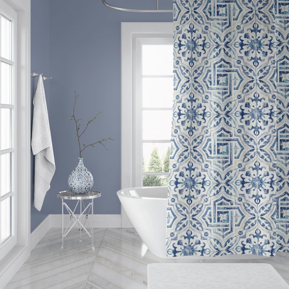 Blue bathroom shower curtains discount