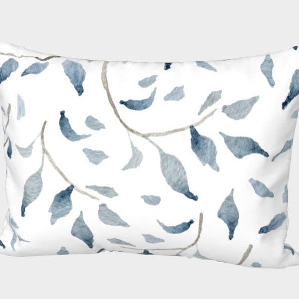 Blue and White Pillow Sham| French Country Blue, Tan, and Grey Floral Leaf Reversible to White