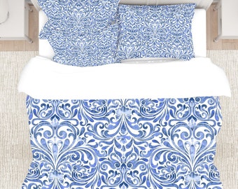 Funda nórdica Queen de satén de algodón damasco azul, ropa de cama blanca reversible
