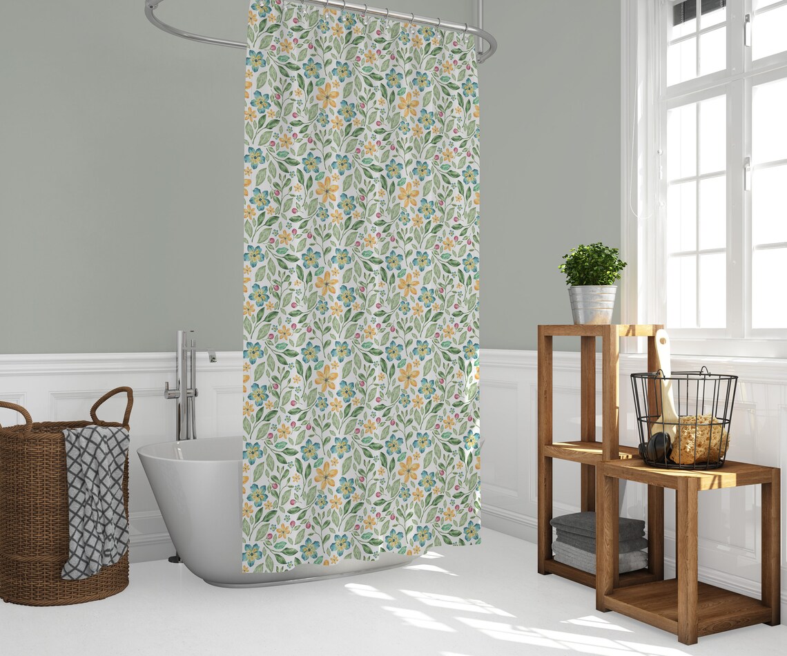 Boho Floral Shower Curtain Green White Shower Curtains Etsy