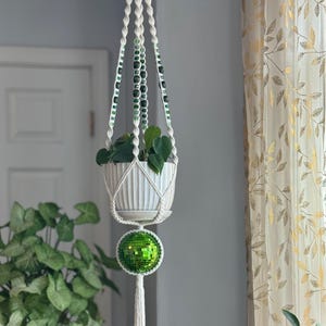 Monochromatic Green Disco Ball Plant Hanger - natural macrame plant hanger, green gradient gemstone & sun catcher beads *MTO*