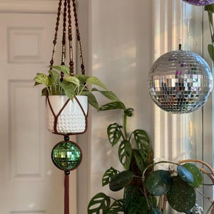 Phish Disco Plant Hanger - FORBINS ASCENT - “the helping friendly book will plant the seed”- brown macrame hanger, green disco ball, unakite