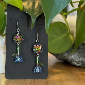 Mini Disco Garden Party earrings - disco ball dangles, single stem drop flowers / many color combos! **TITANIUM HOOKS