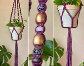 Mulberry Queen - mulberry gold flecked macrame hanger, w snowflake obsidian, rose quartz, and titanium hematite beads