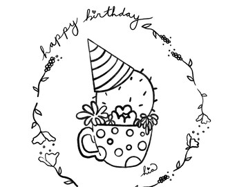 Happy Birthday Cactus Cup Coloring Page