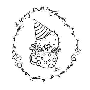 Página para colorir de Copa de cacto de feliz aniversário