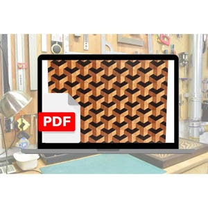 Puede incluir: Un portátil muestra un documento PDF con un patrón geométrico de madera. El patrón presenta un diseño de cubo 3D repetitivo en tonos marrones y negros. El icono PDF es rojo con texto blanco.