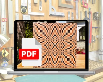 May include: A laptop computer displaying a PDF file with a checkered pattern. The PDF file is titled "PDF". The laptop is on a wooden table in a workshop setting.