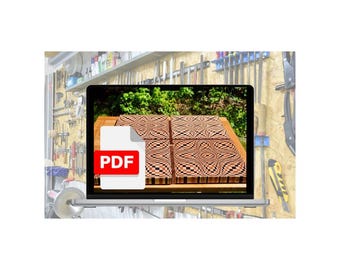 May include: A laptop screen displaying a PDF icon over an image of four square wooden coasters with a complex, multi-colored geometric pattern featuring light and dark wood tones arranged in a grid on a wooden surface.