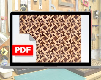May include: A laptop screen displaying a PDF file of a geometric pattern made of wood. The pattern is made of light and dark wood, creating a visually appealing design.