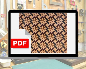 May include: A laptop screen displaying a PDF document with a geometric pattern of brown, black, and white wood. The pattern is a repeating design of triangles and squares.