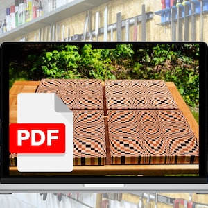 May include: A laptop screen displaying a PDF document with the word "PDF" in red text. The document shows four wooden cutting boards with a checkered pattern and a swirling design.