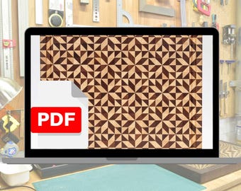 May include: A laptop screen displaying a PDF file with a geometric pattern of brown and light wood triangles. The PDF file is labeled "PDF" in red.