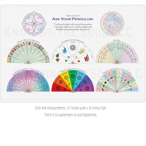 May include: A colourful chart with a pendulum wheel and seven different sections: Tarot Major Arcana, Elements of Nature, Runes, Alpha-Numeric + Day & Month, Seven Major Chakras, Twelve Signs of the Zodiac. The chart is printed on a white background and has the text "Ask Your Pendulum" at the top. The text below the chart reads "Cloth mat measurements: 27 inches wide x 18 inches high. There is no watermark on purchased mat."